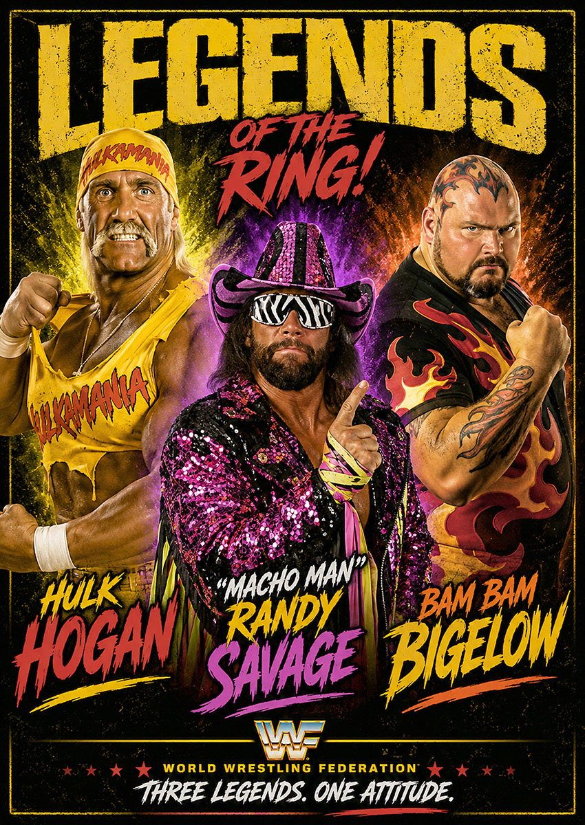 Pop art style poster featuring Hulk Hogan, Macho Man Randy Savage, and Bam Bam Bigelow as Legends of the Ring